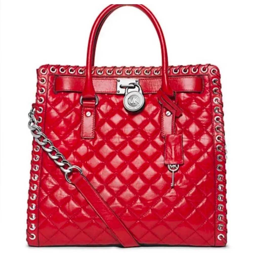 Michael Kors Hamilton Hippie Grommet North South Quilted Tote Red & Silver Large
